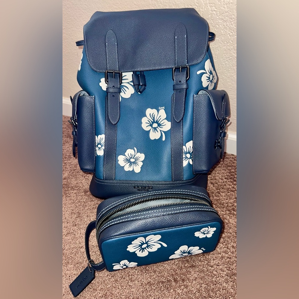 Coach Authentic Blue Hudson Backpack & Toiletry Bag With Aloha Floral Print